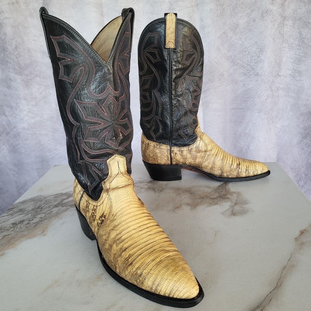 Dan Post Boots Mens Size 9.5 D Black Tan Lizard Leather Western Cowboy USA